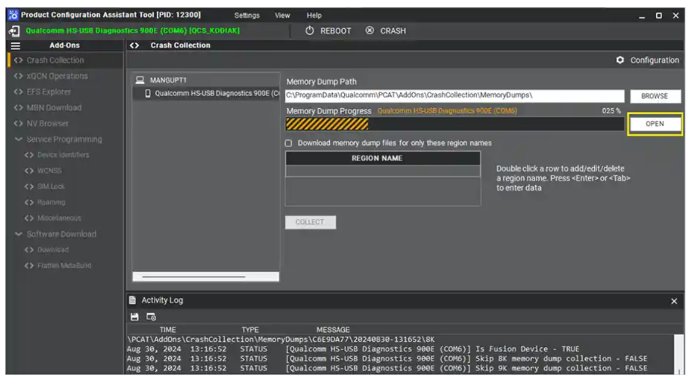 PCAT showing ramdump collection progress over USB-C
