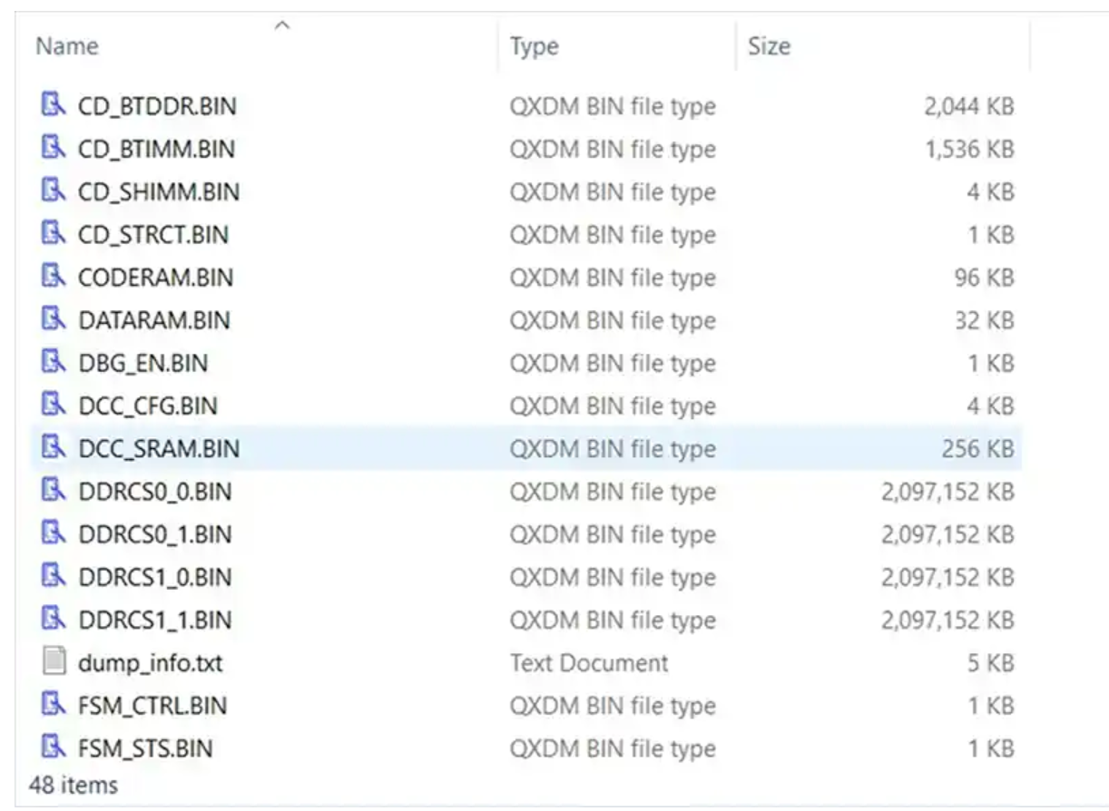Sample ramdump files generated after PCAT collection