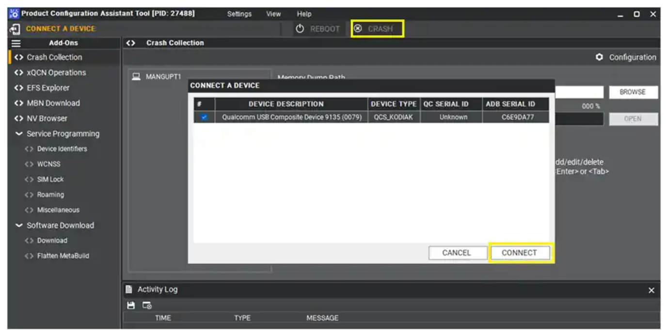 PCAT tool showing device connected for ramdump collection