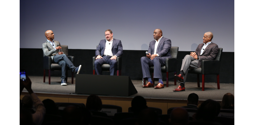 L-R Moderator and Anchor for Tech Check at CNBC, Jon Fortt;&nbsp;President and CEO, Qualcomm Incorporated,&nbsp;Cristiano Amon; and JLC Infrastructure co-founders Earvin 'Magic'&nbsp;Johnson and Jim Reynolds.