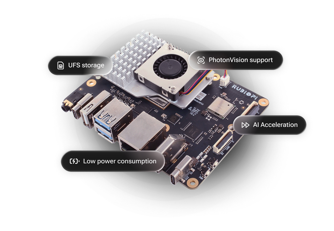 Rubik Pi 3 highlighting AI acceleration, low power consumption, UFS storage, and PhotonVision support.