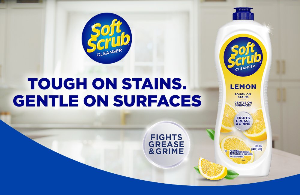 Tough on Stains. Gentle on Surfaces — Soft Scrub Cleanser Lemon fights grease and grime