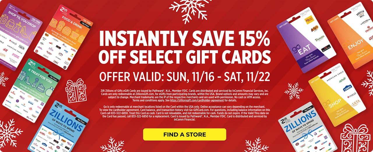 Save 15% on select gift cards - find a store