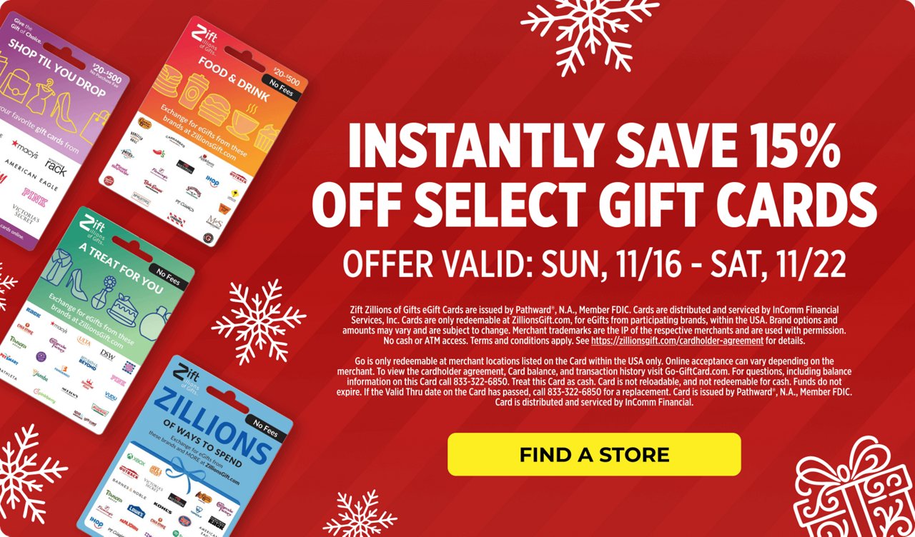 Save 15% on select gift cards - find a store