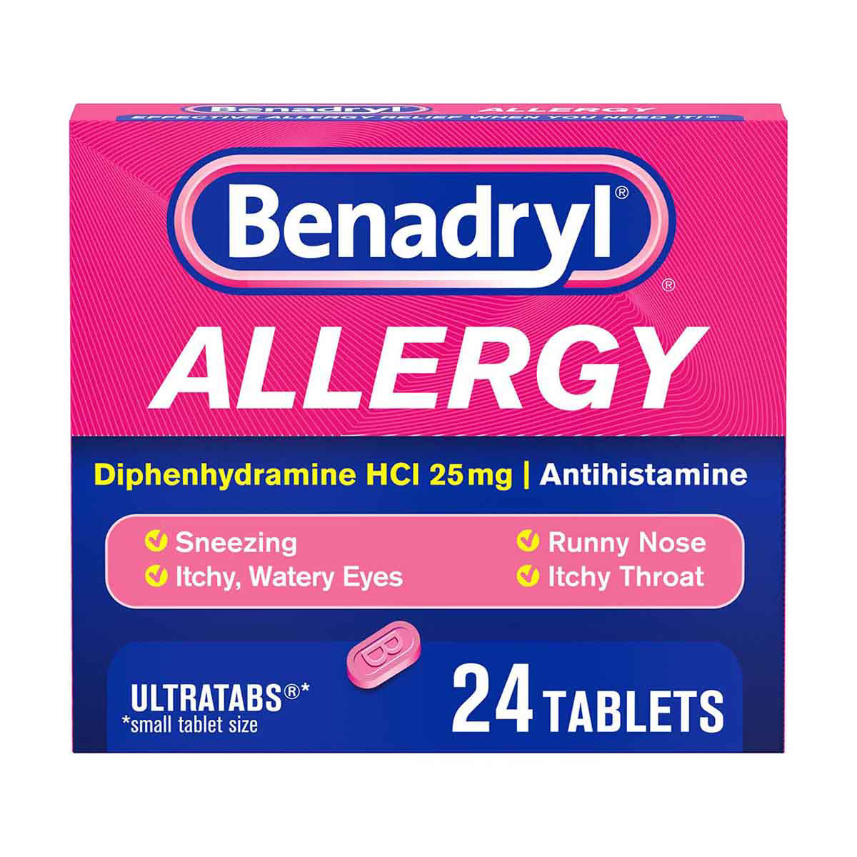 Benadryl-Ultratabs-Antihistamine-Allergy-Relief-Medicine,-25-mg-Diphenhydramine-HCl-Tablets-For-Relief-of-Cold-&-Allergy-Symptoms-Such-as-Sneezing,-Runny-Nose,-&-Itchy-Eyes-&-Throat,-24-ct