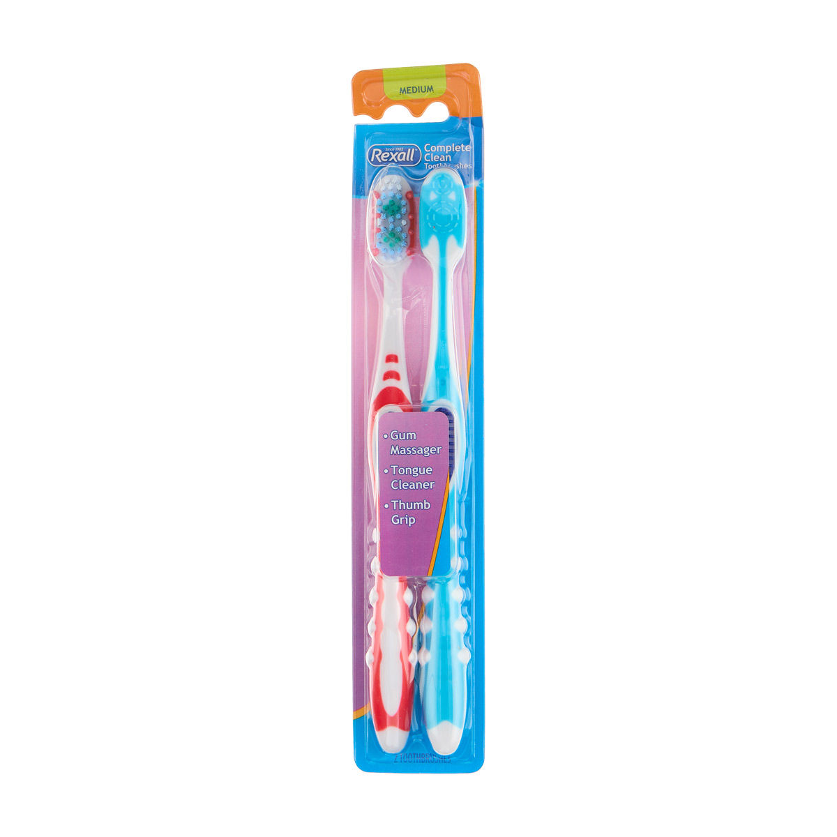 Rexall Complete Clean Medium Toothbrushes, 2 pk, 2 Assorted Colors