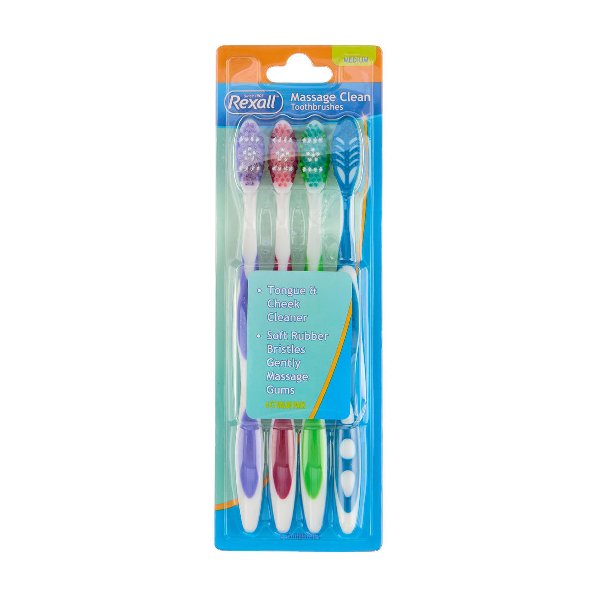 Rexall Massage Clean Assorted Color Medium Toothbrushes, 4 pk