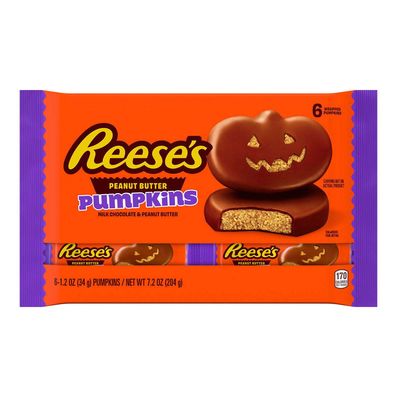 REESE'S Milk Chocolate Peanut Butter Pumpkins, Halloween Candy Packs, 1.2 oz (6 Count)