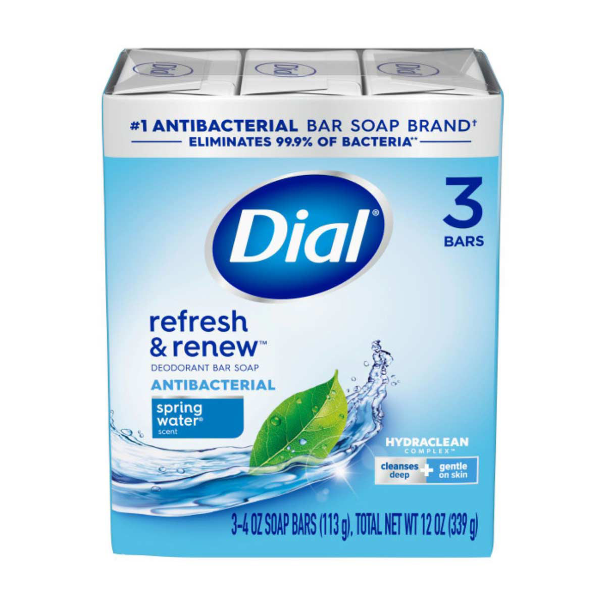 Dial-Antibacterial-Bar-Soap,-Refresh-&-Renew,-Spring-Water,-4-oz,-3-Bars