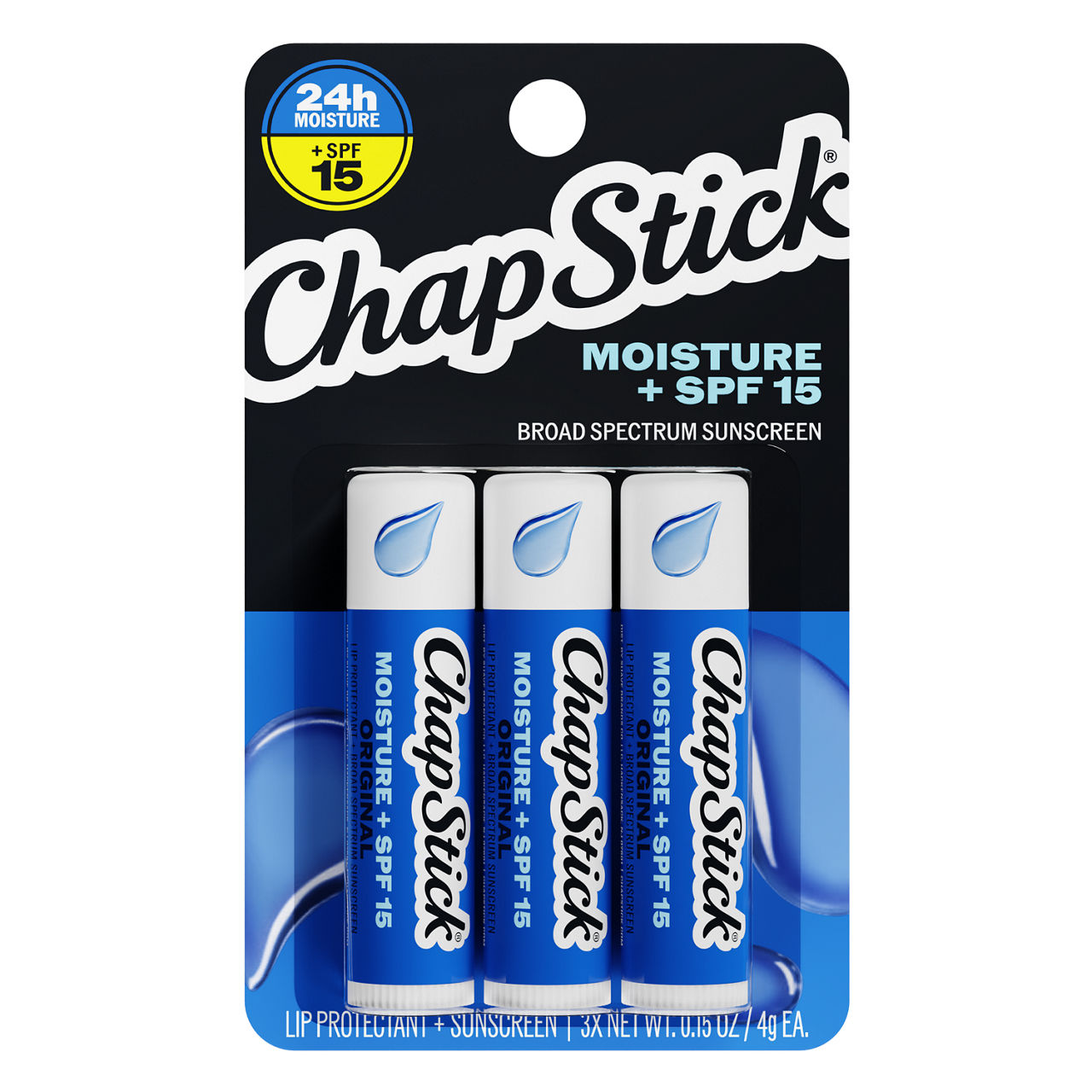 ChapStick Moisture + SPF 15  Lip Protectant with Broad Spectrum Sunscreen, 3-Count Pack, 0.15 oz Each