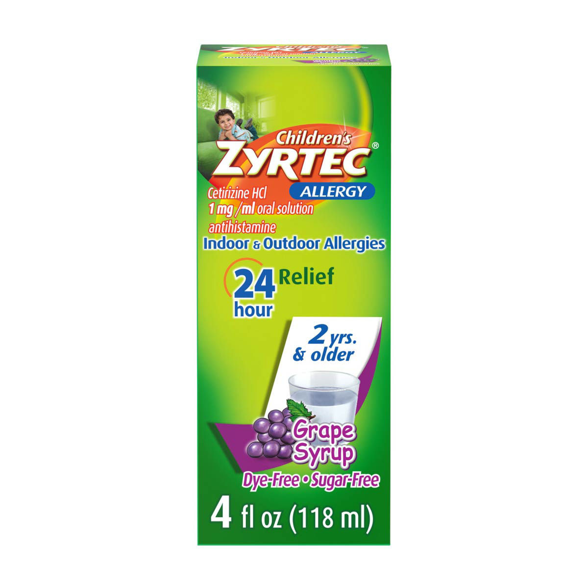 Children's-Zyrtec-24-Hour-Allergy-Relief-Syrup,-5-mg-Cetirizine-HCl-Antihistamine,-Kids-Allergy-Medicine-for-Indoor-&-Outdoor-Allergy-Relief,-Dye-Free-&-Sugar-Free,-Grape,-4-fl.-oz