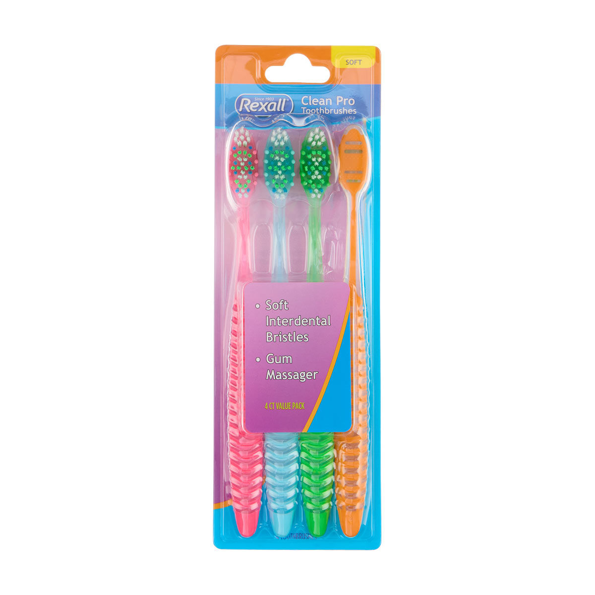 Rexall Clean Pro Soft Toothbrushes, 4 pk, 4 Assorted Colors