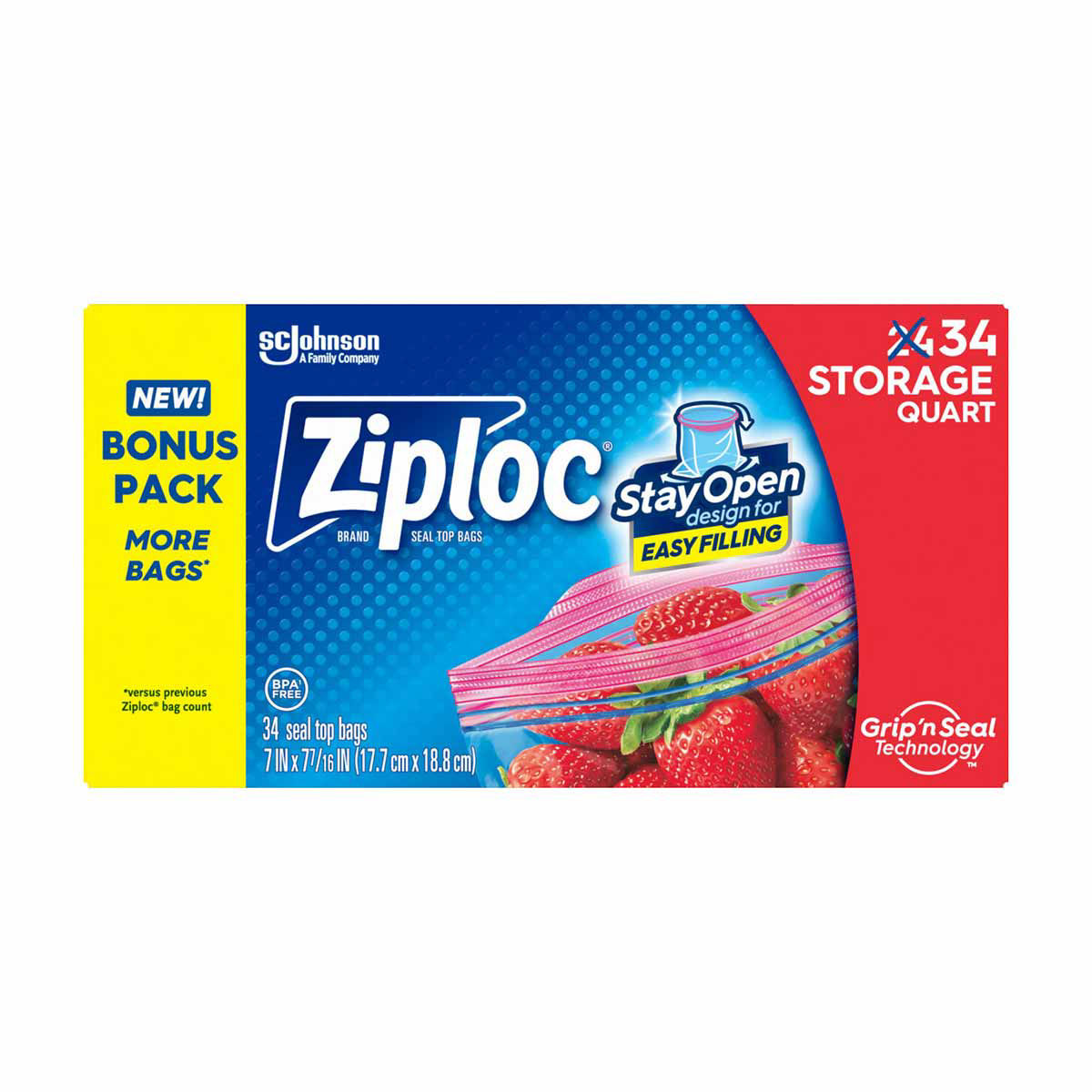 Ziploc® Brand Seal Top Storage Bags with Stay Open Design, Quart, 34 ct