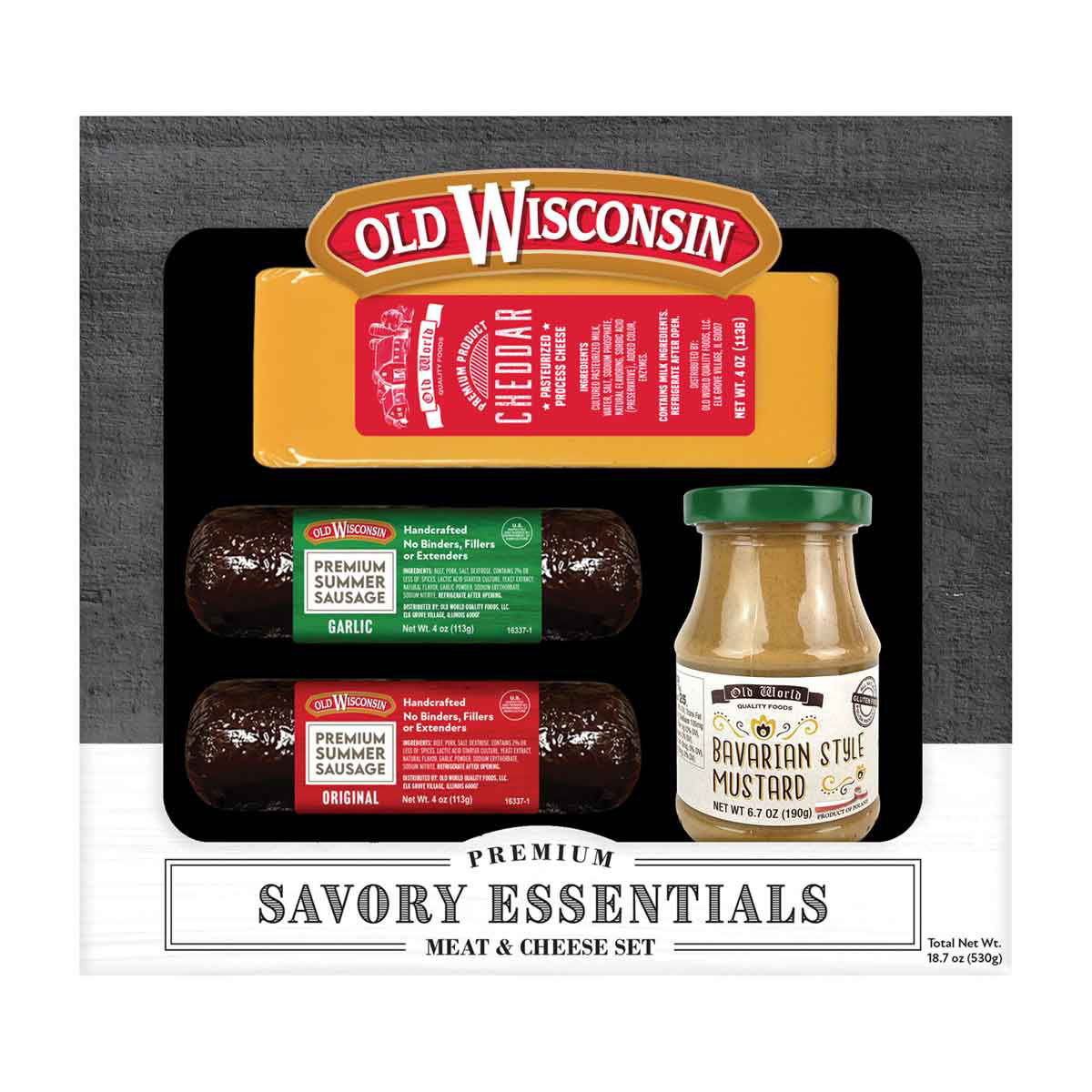 Old Wisconsin Premium Savory Essentials Meat & Cheese Gift Set with Bavarian Style Mustard, 18.7 oz