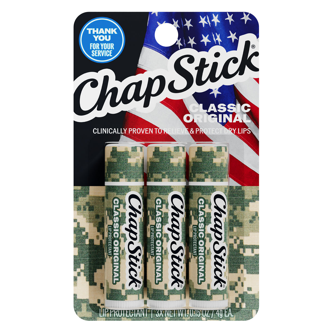 ChapStick Classic Original Military Lip Balm Sticks, 24 Hour Moisturizing Lip Balm, 3-Pack, 0.15 oz Each