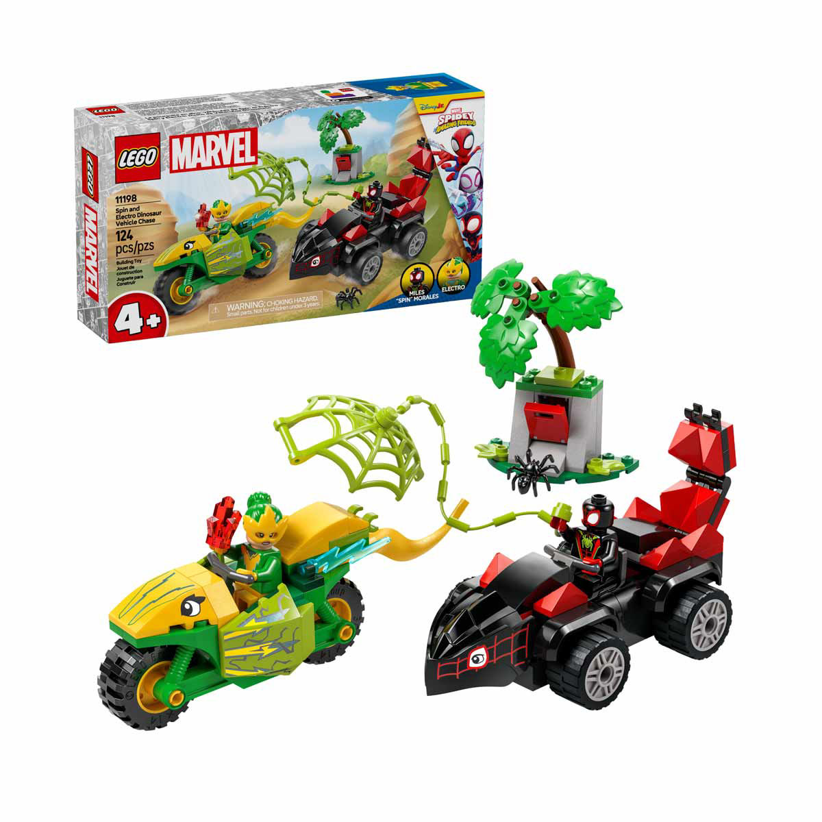 LEGO-Marvel-Spidey-And-His-Amazing-Friends-Spin-and-Electro-Dinosaur-Vehicle-Chase-Building-Toy---11198,-1-ct