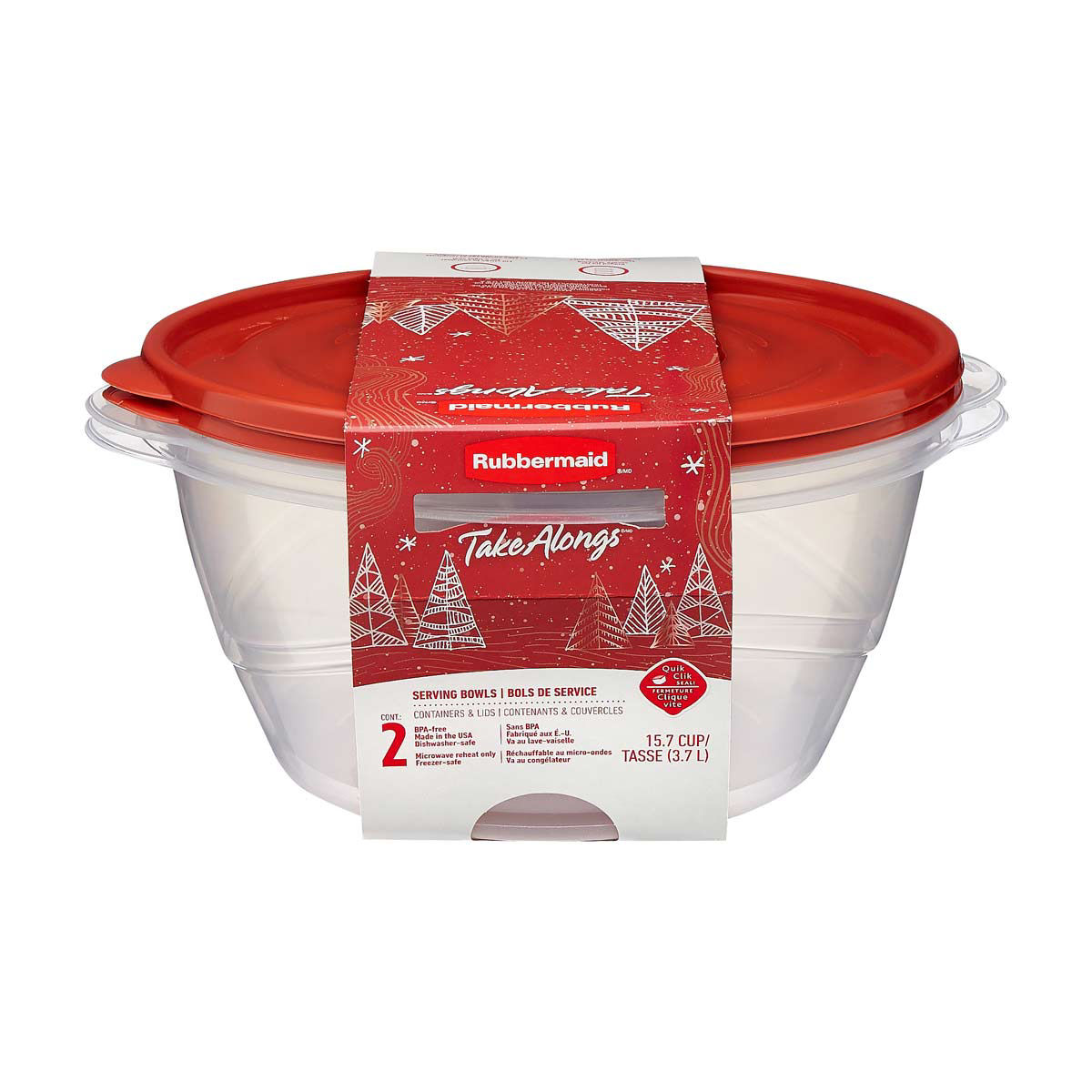 Rubbermaid Take Alongs Christmas Clear Serving Bowl Containers with Red Lid, 2 ct