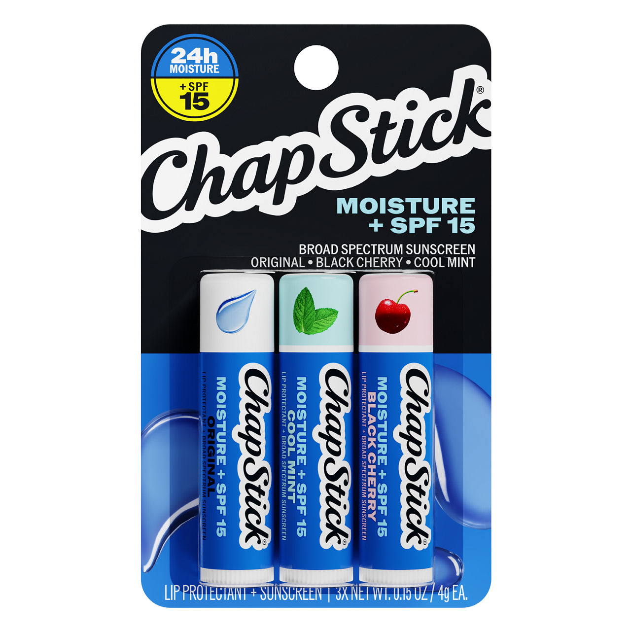 ChapStick Moisture + SPF 15 Lip Protectant with Broad Spectrum Sunscreen, Variety Pack, 0.15 oz Each