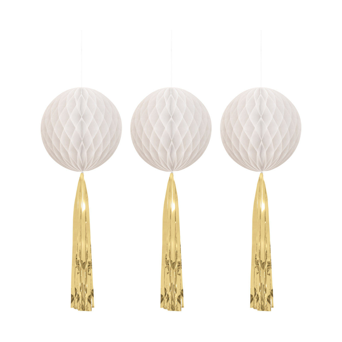 White Honeycomb Balls with Foil Tassel Tails, 3 ct