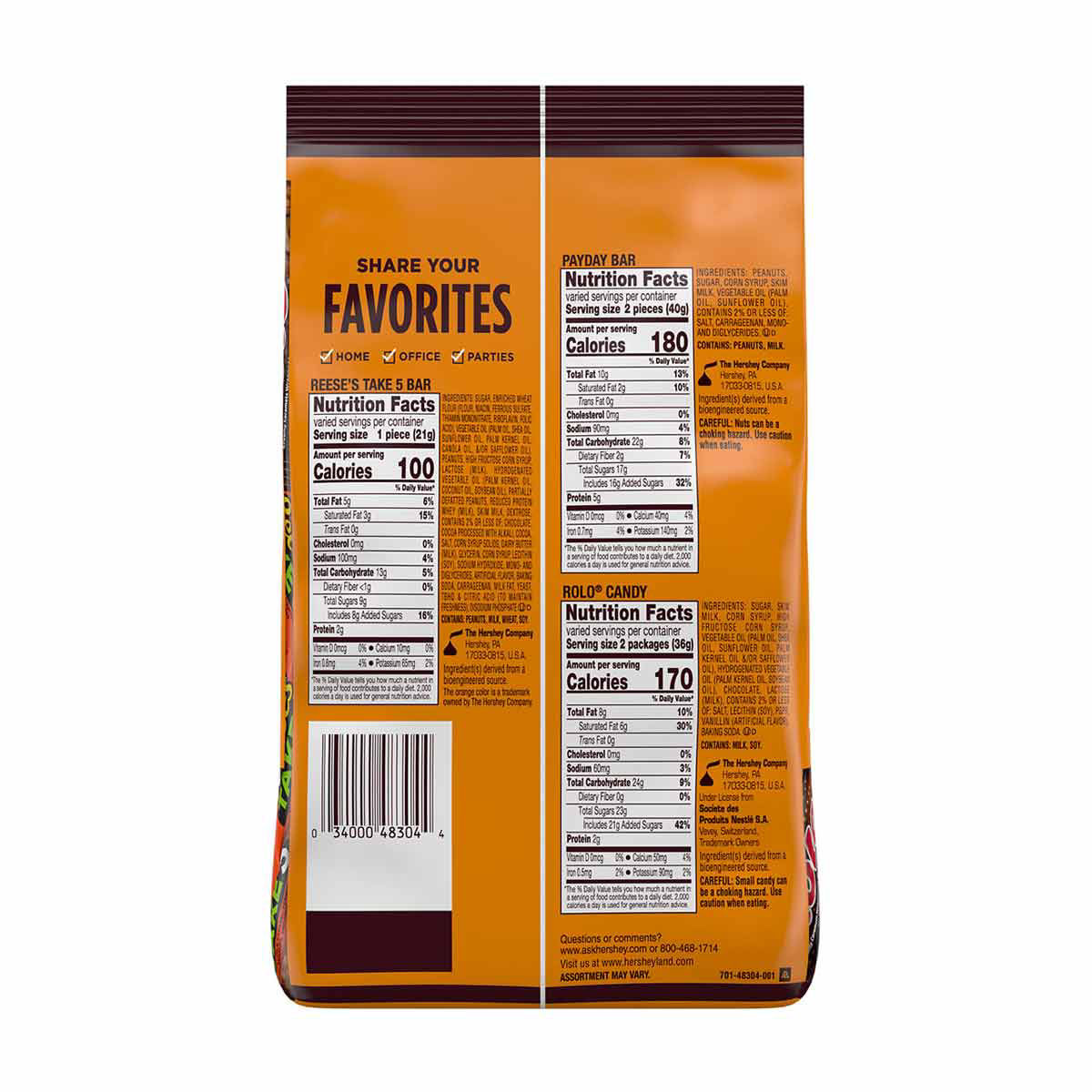 Buy Payday, Reese's and Rolo Caramel Snack Size Variety Bag, 20.7 oz ...
