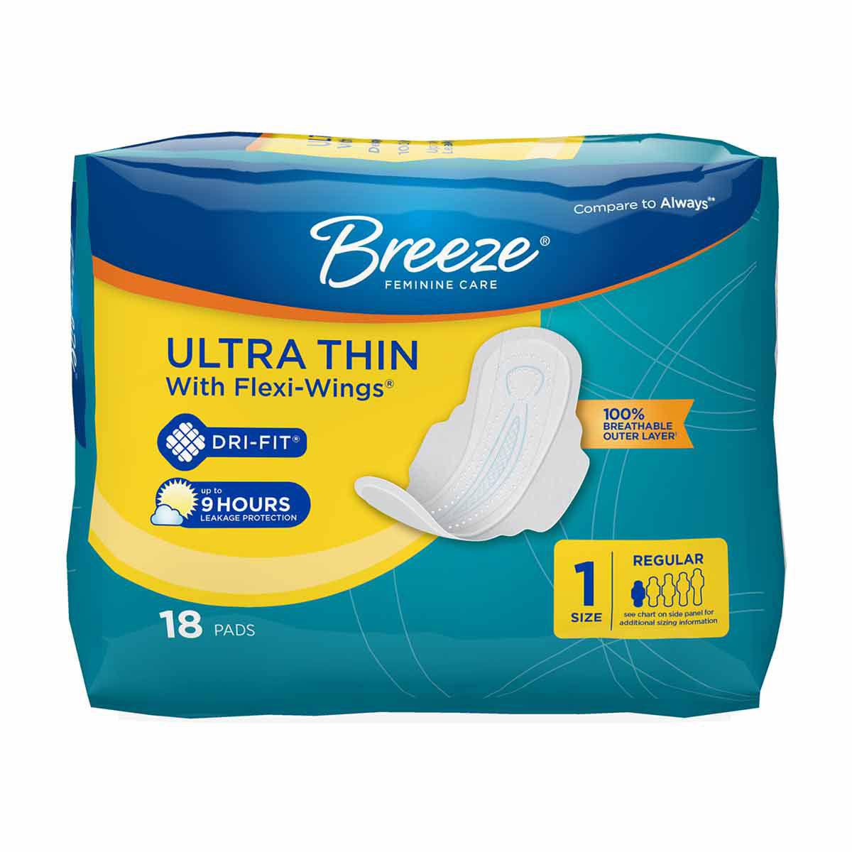 Breeze-Ultra-Thin-with-Flexi-Wings-Feminine-Pads,-Size-1-Regular---18-ct