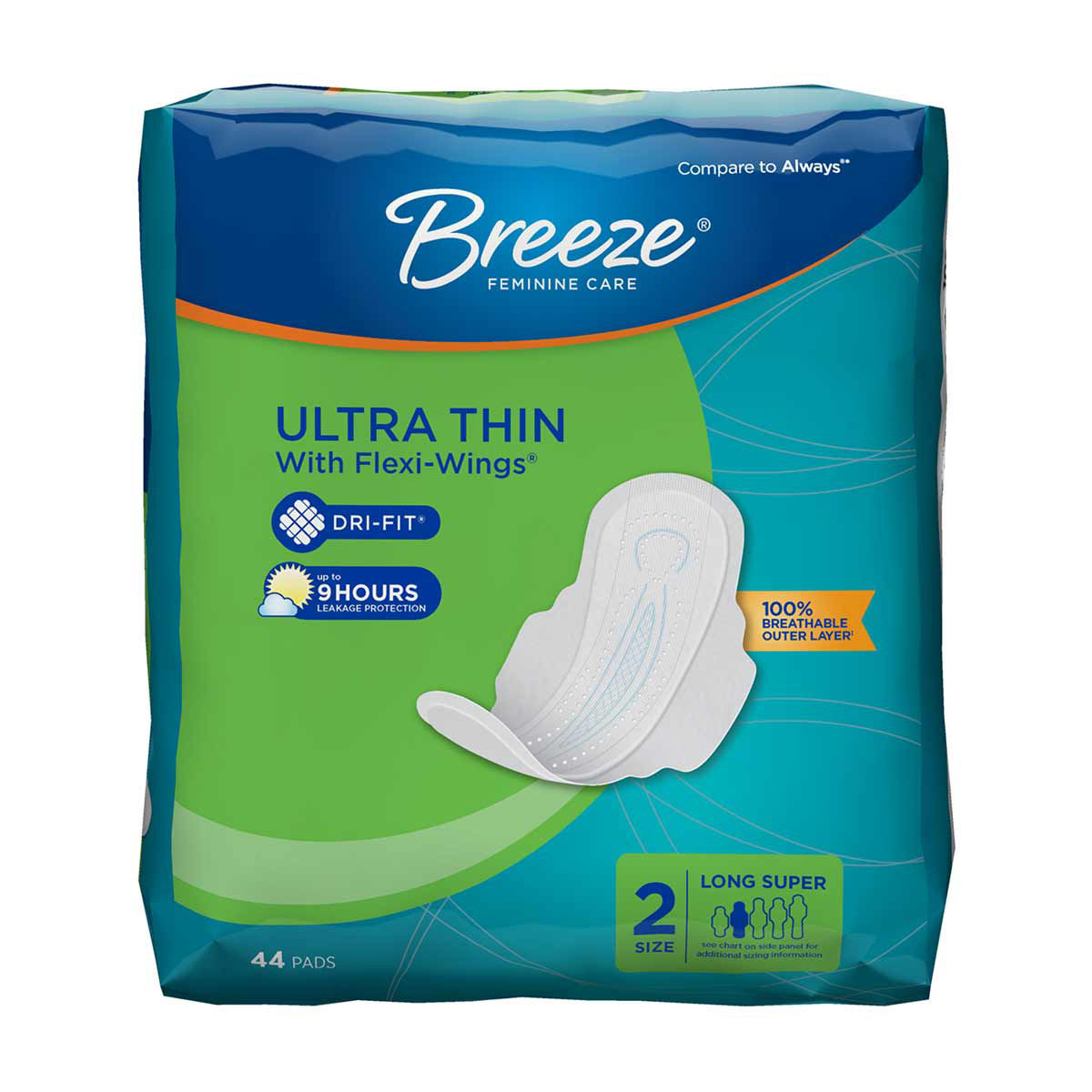 Breeze-Ultra-Thin-with-Flexi-Wings-Feminine-Pads,-Size-2-Long-Super---44-ct