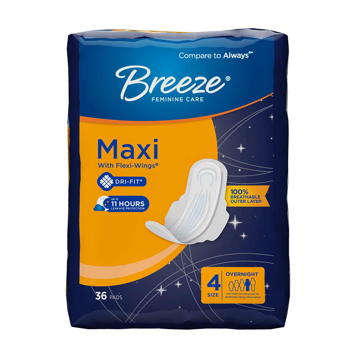 Breeze-Maxi-with-Flexi-Wings-Feminine-Pads,-Size-4-Overnight---36-ct