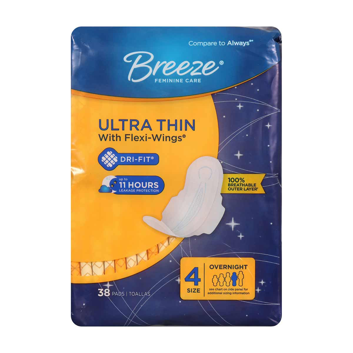 Breeze-Ultra-Thin-with-Flexi-Wings-Feminine-Pads,-Size-4-Overnight---38-ct