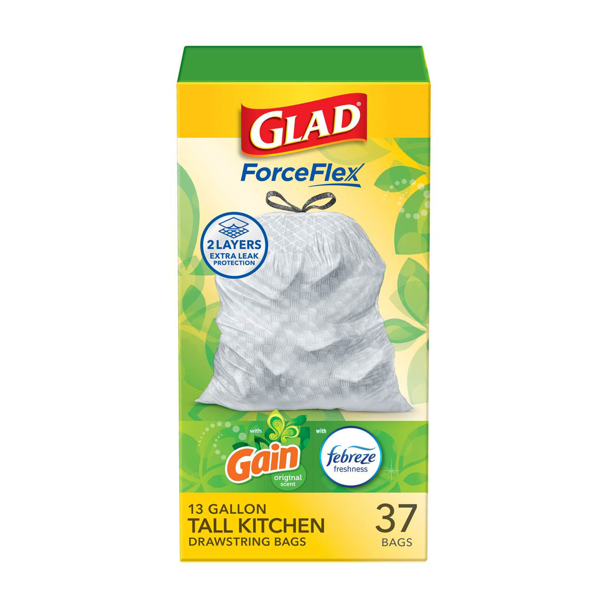 Glad ForceFlex Drawstring Trash Bags, Gain Original Scent with Febreze, 13 Gal, 37 ct