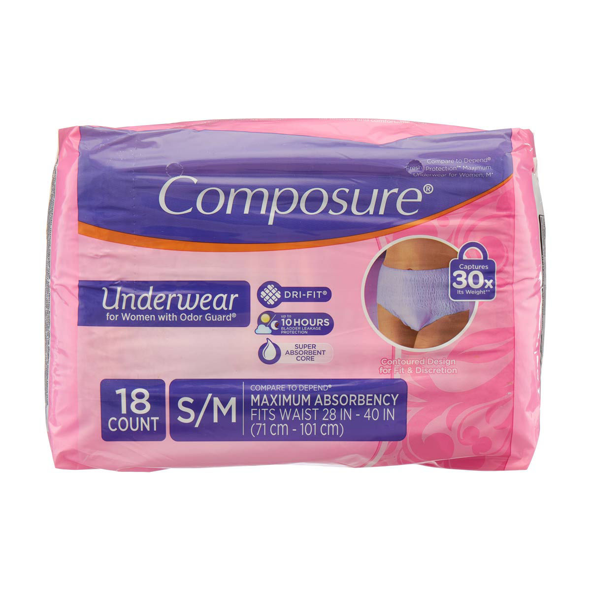 Composure Maximum Absorbency Women's Underwear with Odor Guard, Small/Medium, 18 ct