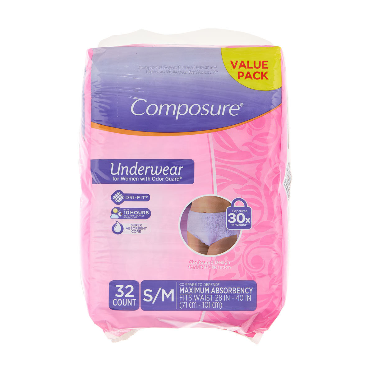 Composure Maximum Absorbency Women's Underwear with Odor Guard, Small/Medium, 32 ct