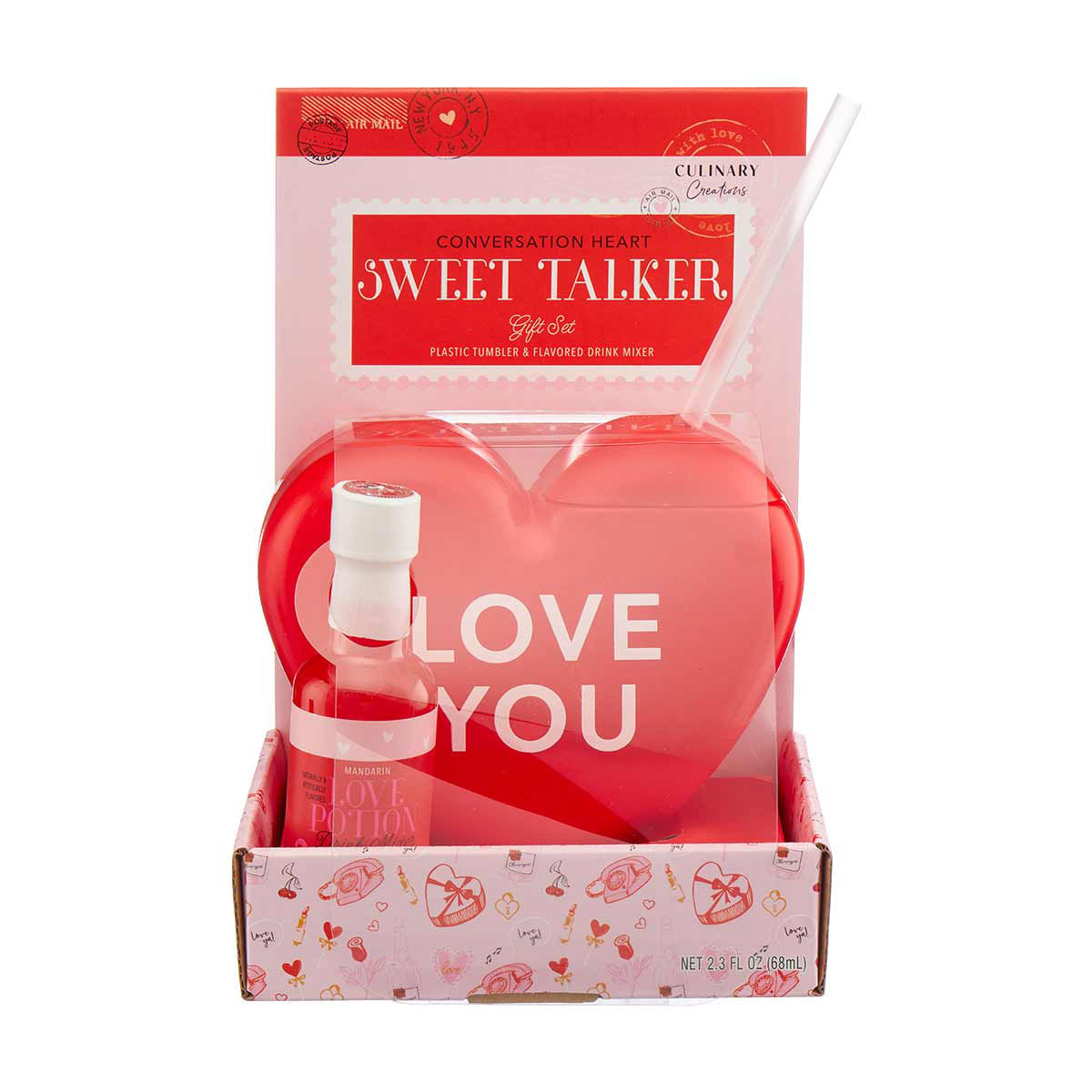 Conversation-Heart-Sweet-Talker-Gift-Set-with-Heart-Shaped-Tumbler,-Drink-Mixer-&-Straw,-2.3-fl-oz,-2-Assorted-Styles