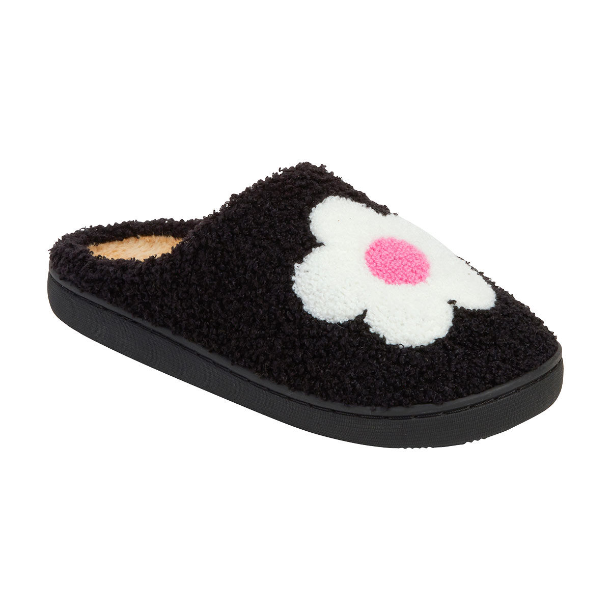 Black Plush Slippers with White Flower, Medium