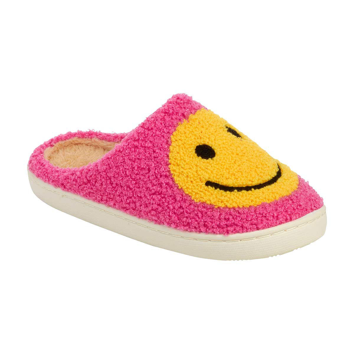 Pink Plush Slippers with Yellow Smiley Face, Medium