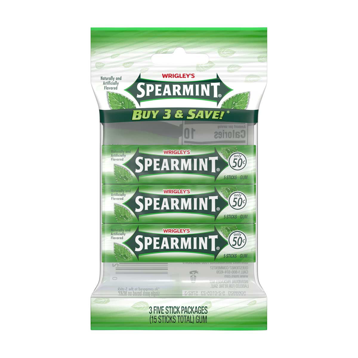 Wrigley's Spearmint Chewing Gum Packs, 3 Count, 15 Sticks Total — Dollar General
