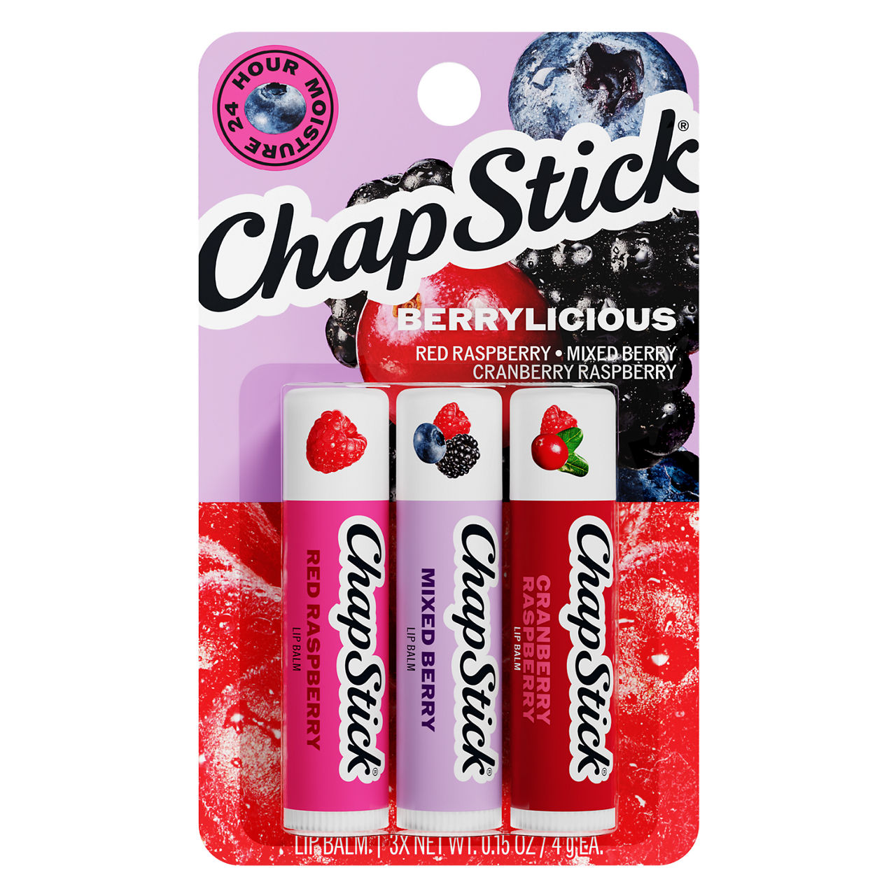 ChapStick Berrylicious Flavored Lip Balm Sticks, Variety Pack, 3-Pack, 0.15 oz Each