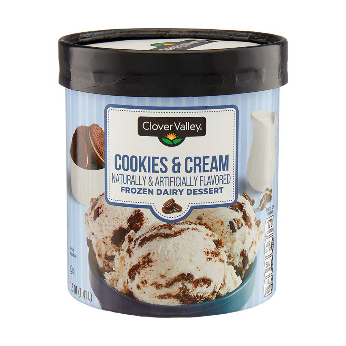 Clover Valley Frozen Dairy Dessert, Cookies & Cream, 1.5 Qt