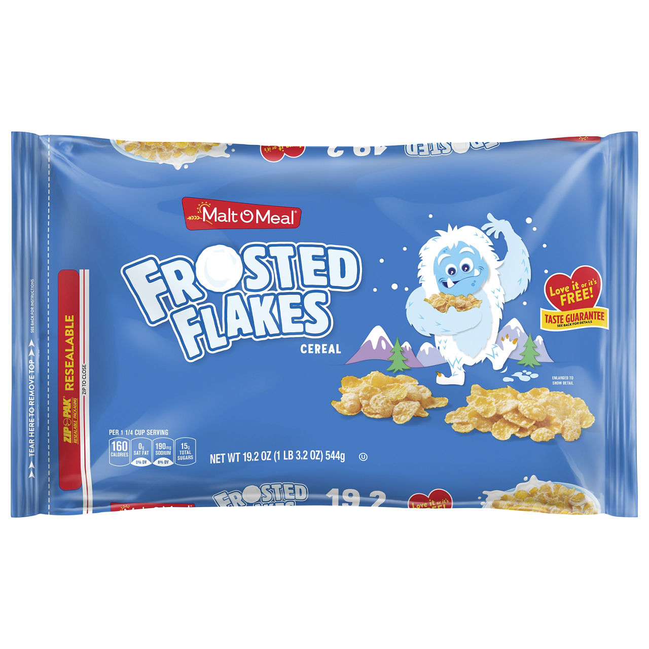 Malt-O-Meal Frosted Flakes Breakfast Cereal, Sweet Frosty Flakes, Family Size 19.2 oz Resealable Bag