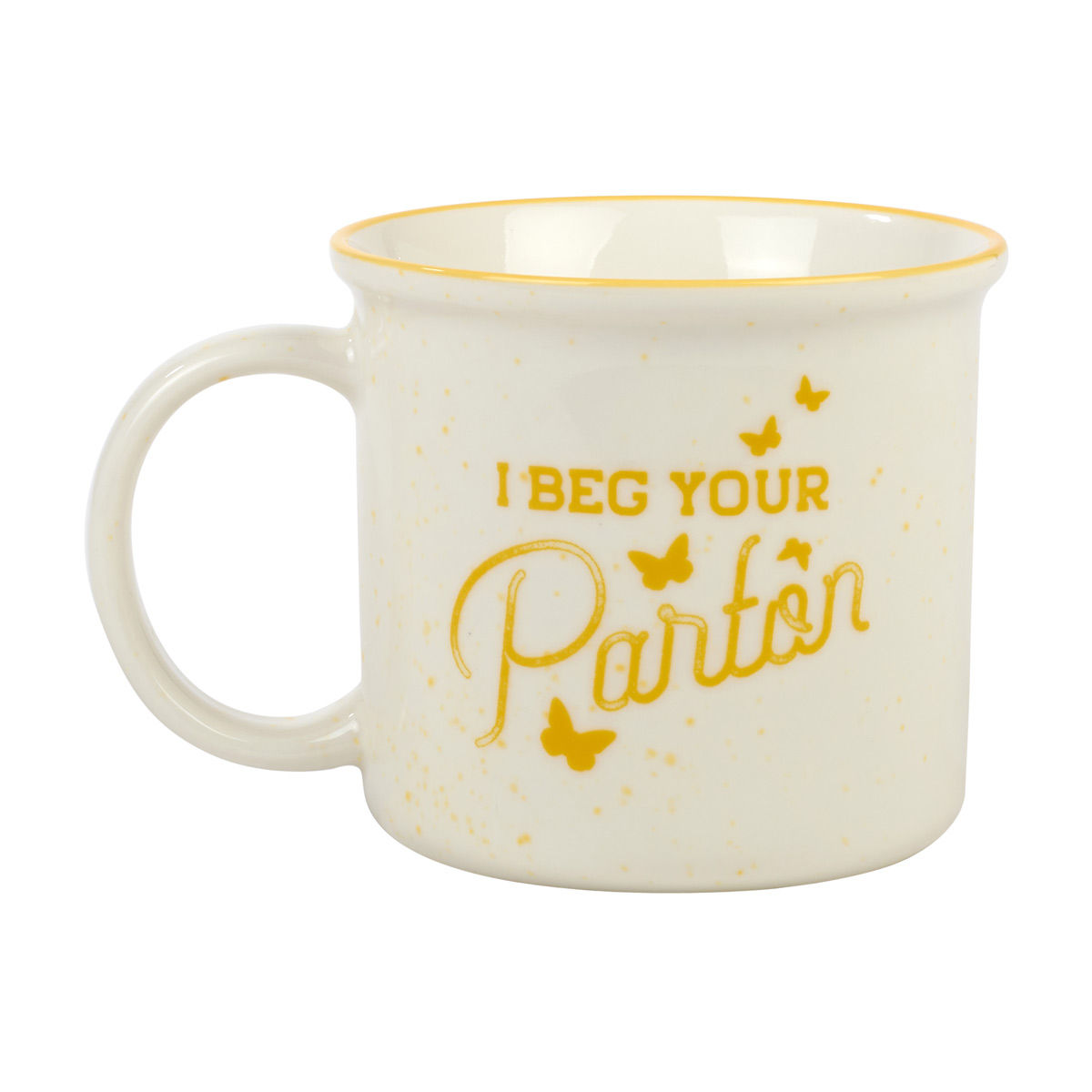 Dolly Parton 'I Beg Your Parton' Printed Mug, 16 oz, Yellow