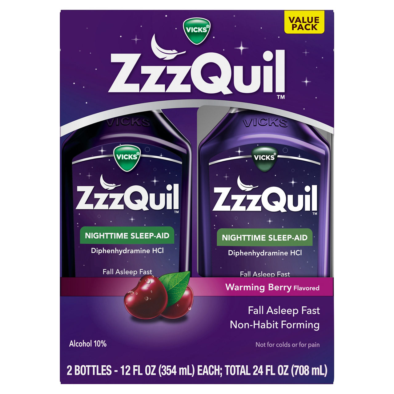 ZzzQuil Liquid Sleep Aid, Diphenhydramine 50mg HCl, Nighttime Sleep Aid Liquid, Sleep Aids for Adults, Warming Berry Flavored, 2 Pack, 24 FL OZ