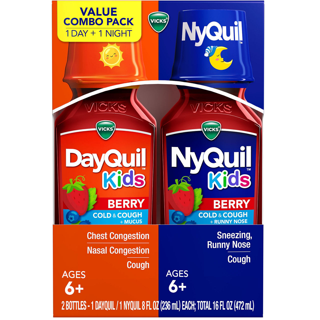 VICKS Kids DayQuil & NyQuil Berry Cold & Cough Medicine Co-Pack, Daytime & Nighttime Relief of Multiple Symptoms, Great-Tasting Berry Flavor, Free of Alcohol & Acetaminophen, For Ages 6+, 2x8oz