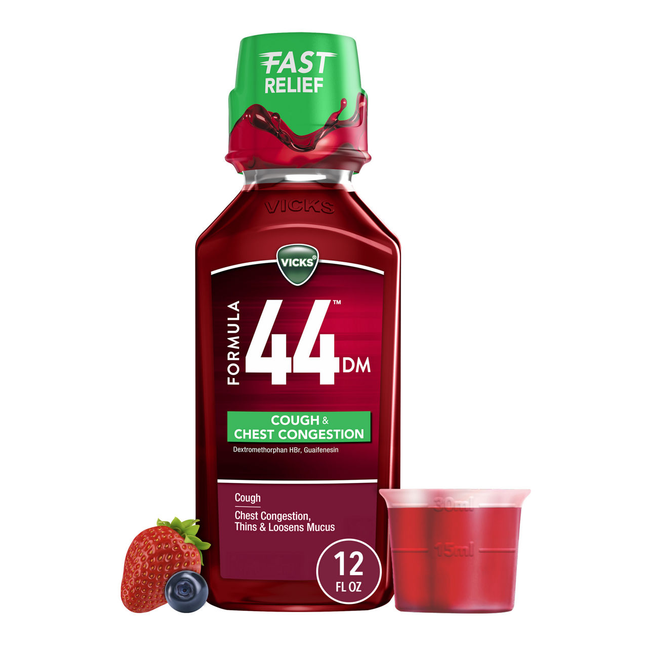 Vicks Formula 44 DM Cough & Congestion Liquid, Over-the-Counter Medicine, Day or Night, Cough Syrup, Powerful Cough and Congestion Relief, Cough Suppressant and Expectorant, Berry Flavor, 12 FL OZ