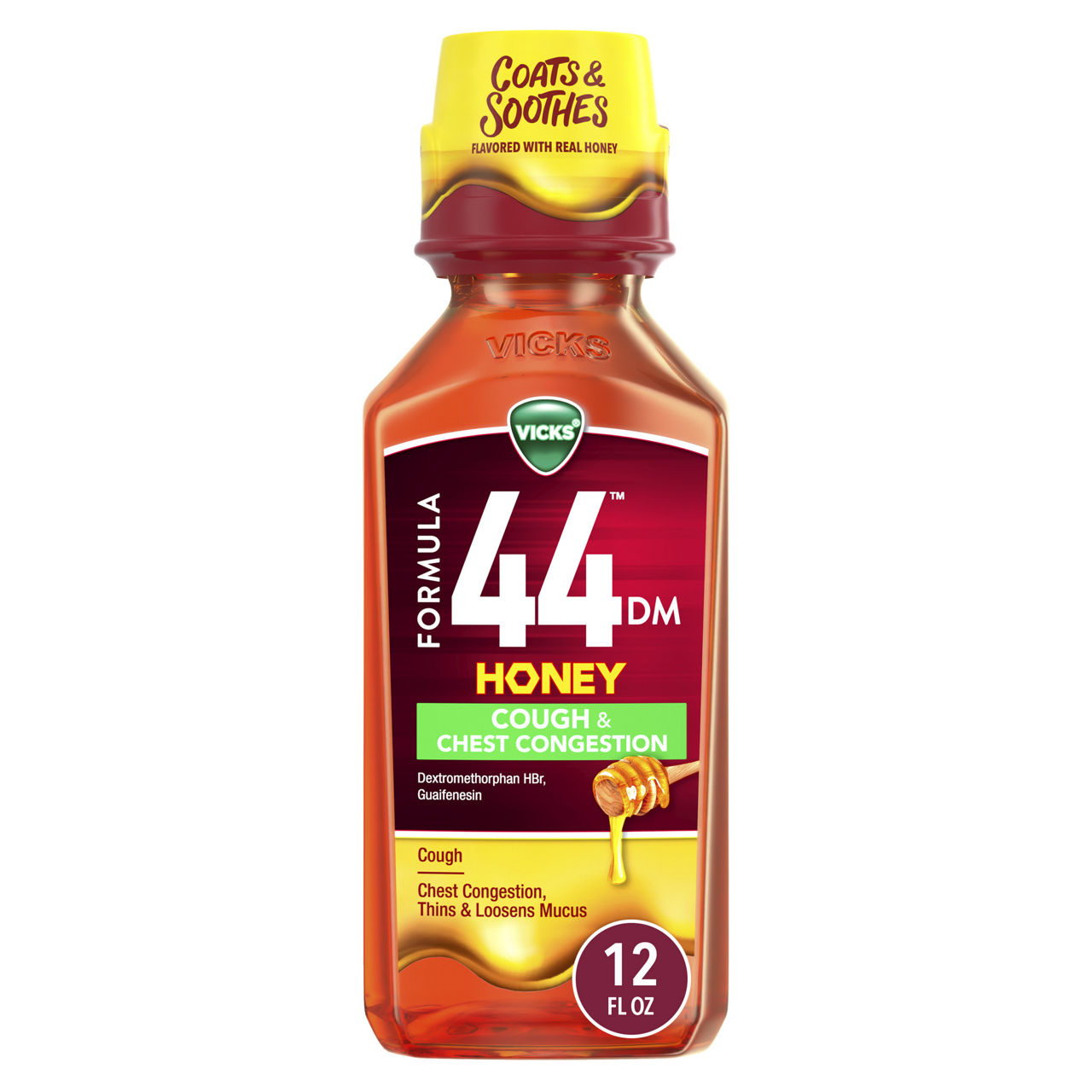 Vicks Formula 44 DM Cough & Congestion Liquid, Over-the-Counter Medicine, Day or Night, Cough Syrup, Powerful Cough and Congestion Relief, Cough Suppressant and Expectorant, Honey Flavor, 12 FL OZ