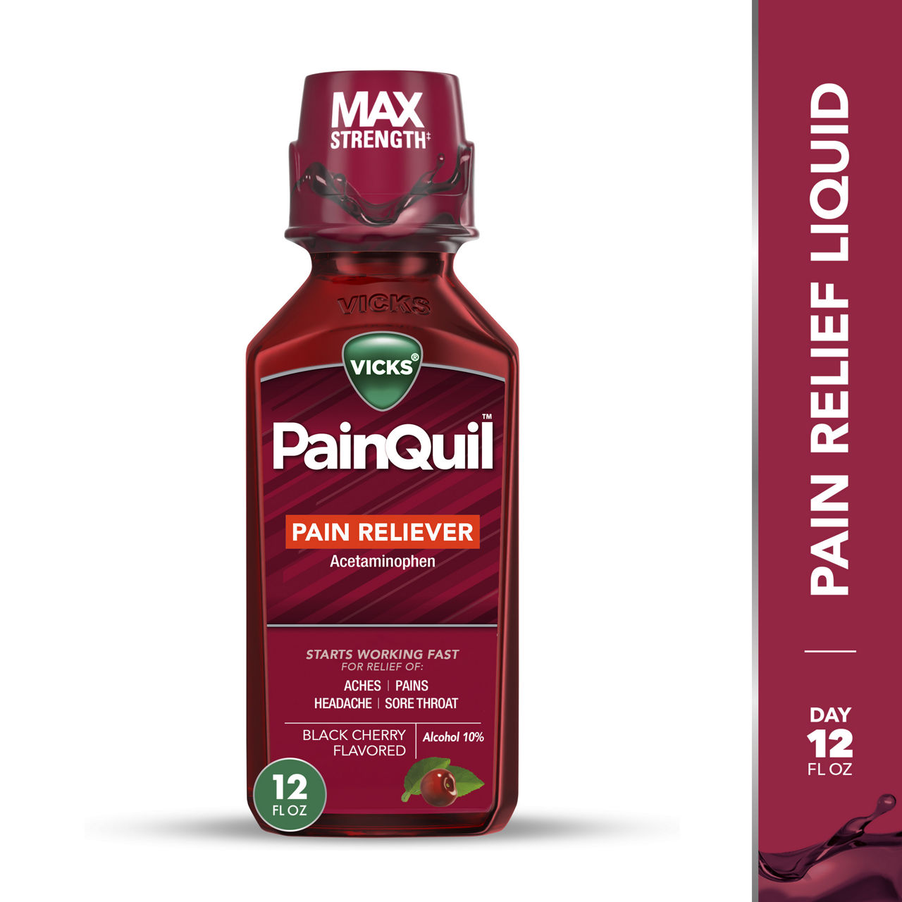 Vicks PainQuil Pain Relief Acetaminophen 1000mg Max Strength? Adult Pain Reliever Liquid 12oz, Backache Headache Relief, 1 Daytime Pain Reliever