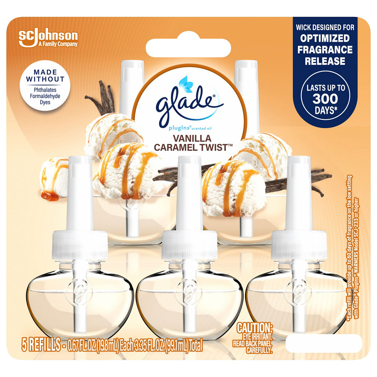 Glade PlugIns Scented Oil 5 Refills, Air Freshener, Vanilla Caramel Twist, Essential Oil Infused Wall Plug In, 3.35 FL OZ, 5 pk