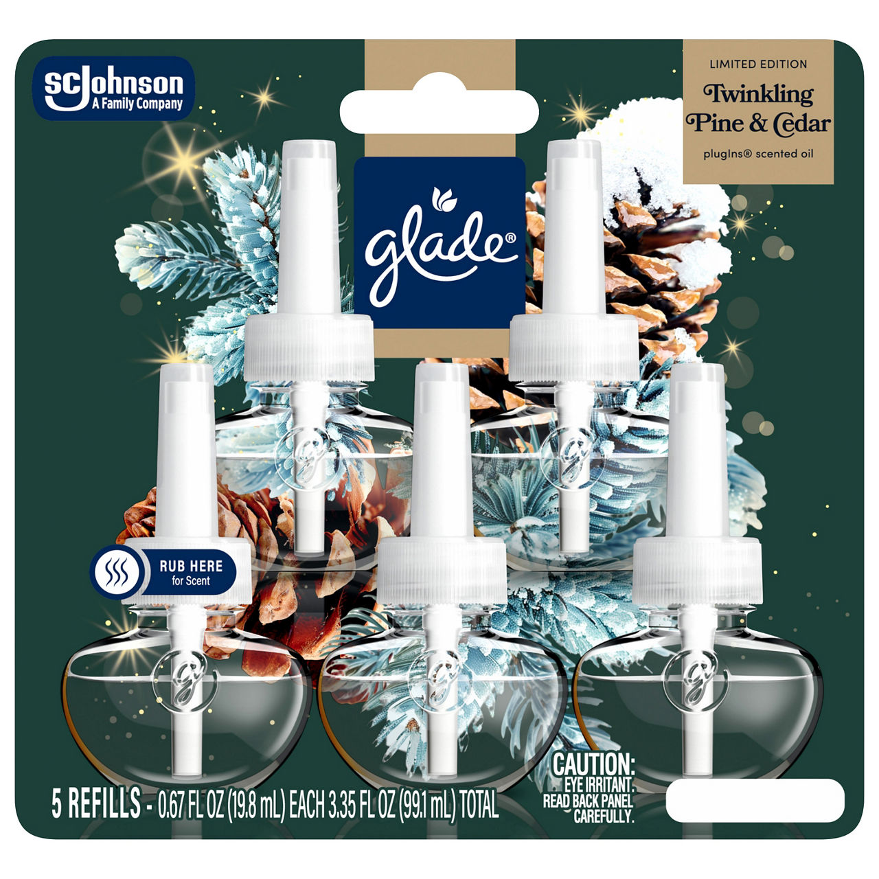 Glade PlugIns Scented Oil 5 Refills, Air Freshener, Twinkling Pine & Cedar, 3.35 fl oz, Pack of 5