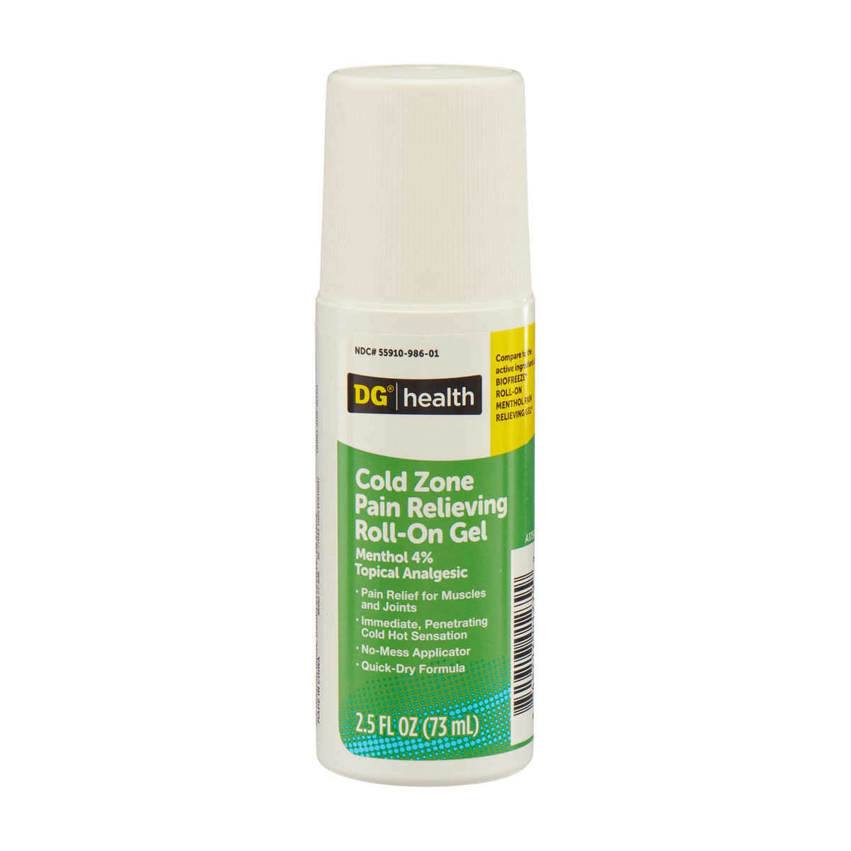 DG Health Cold Zone Pain Relieving Roll-On Gel, Menthol 4%, 2.5 fl oz
