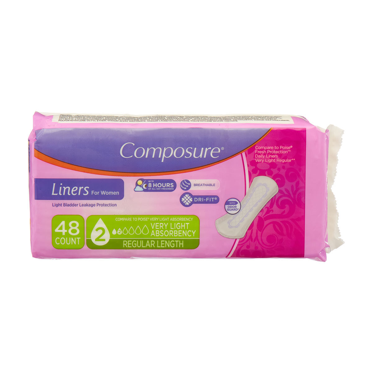 Composure Regular Length Very Light Absorbency Liners for Women, 48 ct