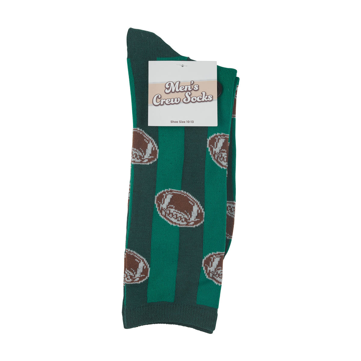 Football Themed Green Striped Men's Crew Socks, Shoe Size 10-13