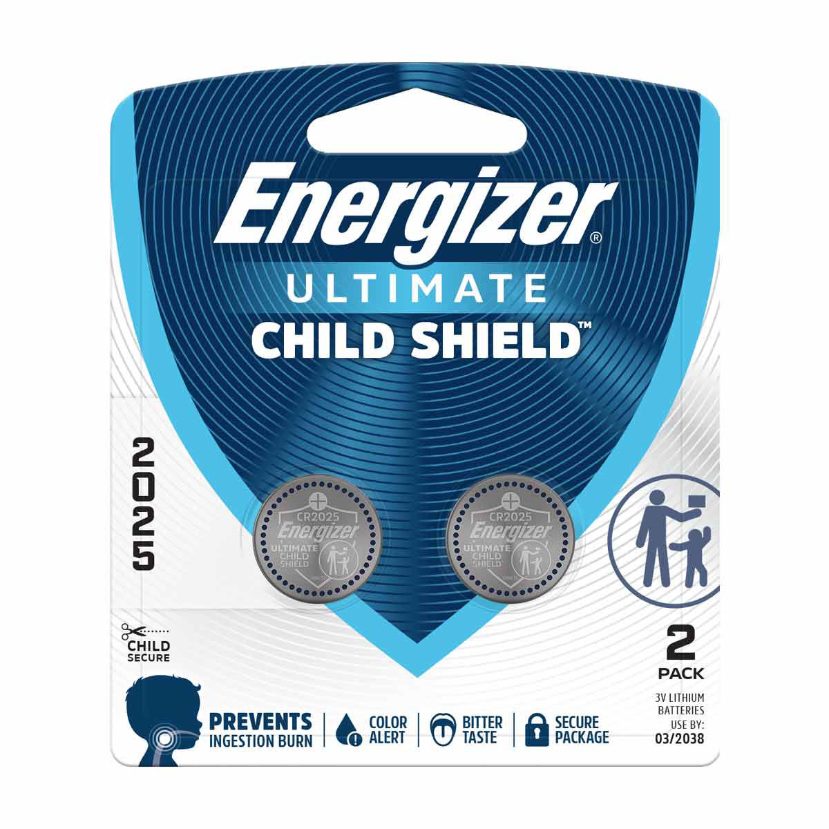 Energizer Ultimate Child Shield CR2025 Batteries (2 Pack), 3V Lithium Coin Batteries